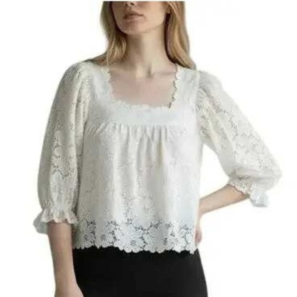 Loeffler Randall Lace Blouse Women S White Puff Sleeve Cottagecore Romantic